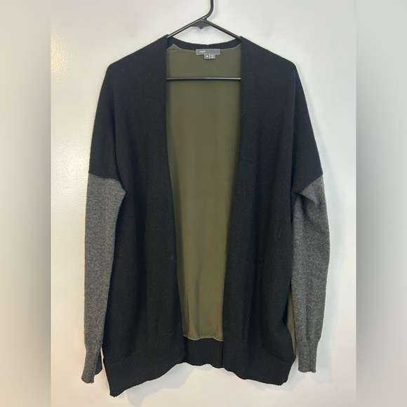 Vince Olive Green/Black Wool, Cashmere, Silk Open Front Cardigan Sweater Medium - Picture 1 of 12